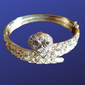 1990s Cuff Bracelet Vintage Snake Rhinestone Marked 925